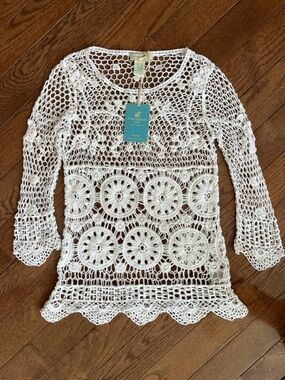 Caribbean Joe White Crochet Boho Swim Coverup size S